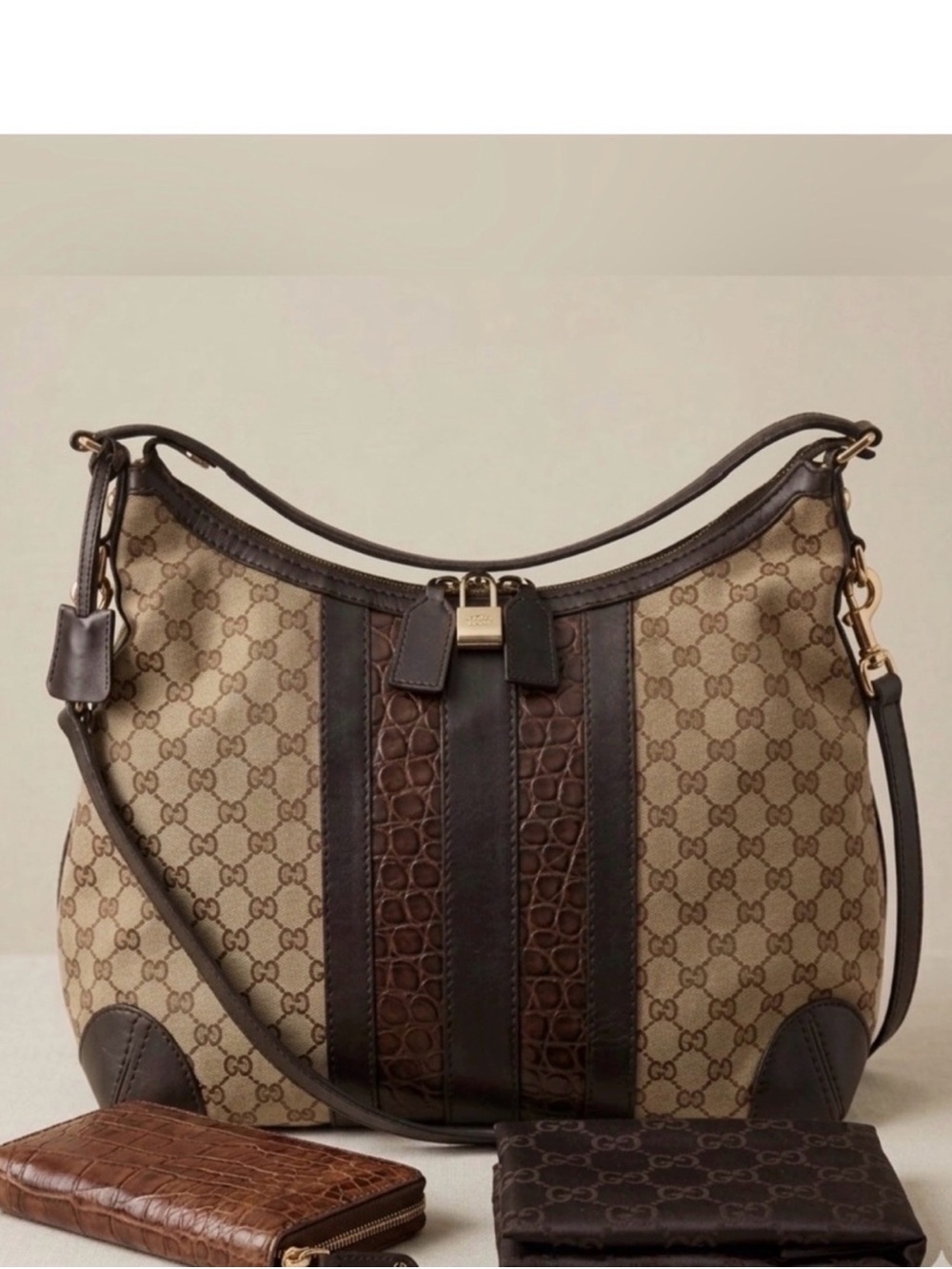 Gucci Brown Crocodile Leather GG Canvas and Dark Brown Leather BAG+WALLET